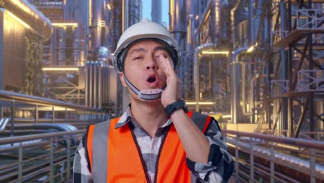 close up of asian male engineer with safety helmet yelling with hand over mouth while standing at a vast oil refinery
