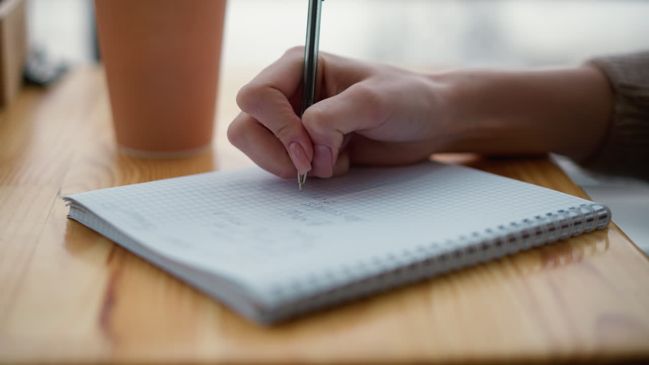 Close-up of student's hand writing on graph paper with a pen, coffee cup and phone blurred in background, capturing study, focus, and academic atmosphere