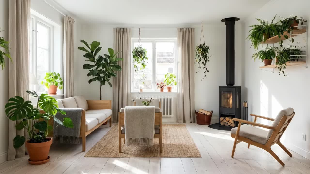 Světlý a útulný interiér obývacího pokoje s mnoha zelenými rostlinami