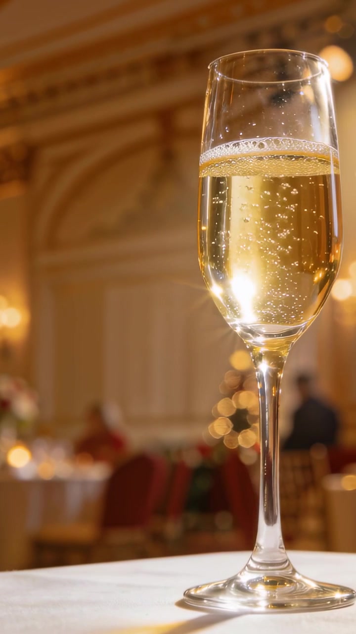 Primo piano di un flute di champagne che frizzano, mentre la telecamera si muove mantenendo la messa a fuoco e mostrando una festa sfocata.