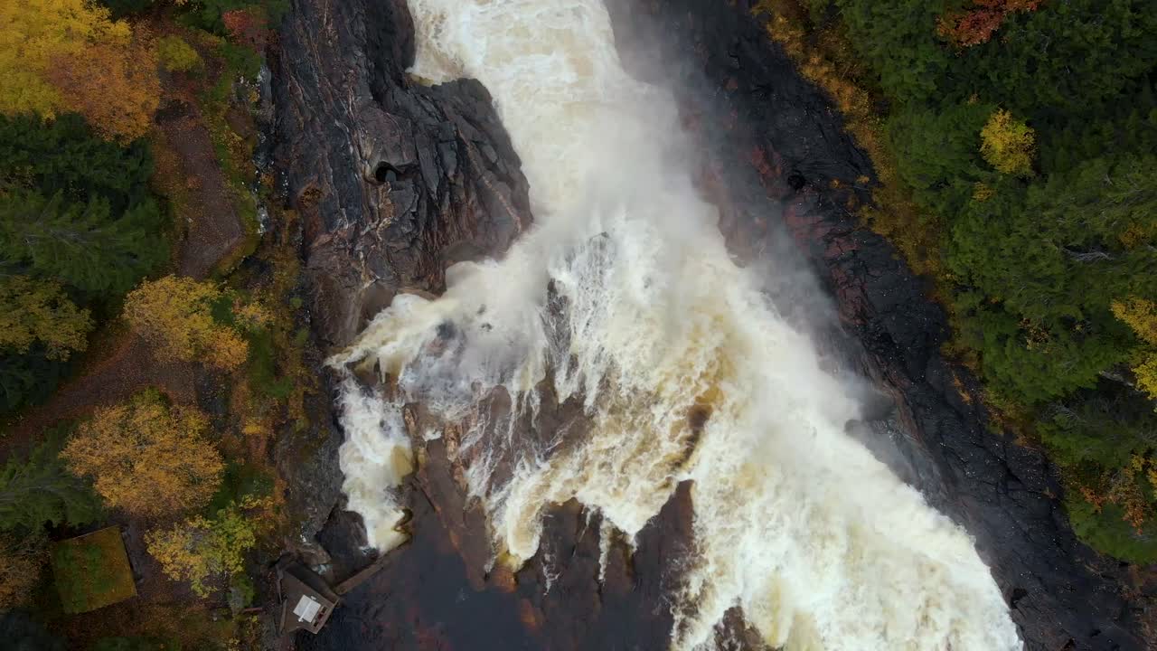 vista aérea de arriba hacia abajo de una gran cascada rodeada de árboles coloridos durante el otoño