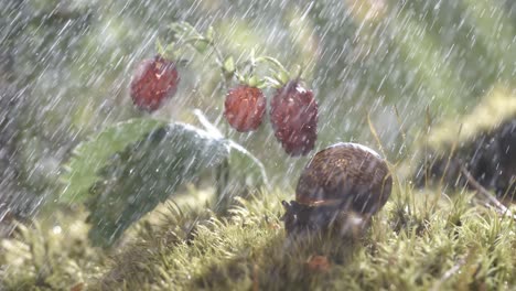 close-up wildlife of a and wild strawberries and snail in heavy rain in the forest. shot on super slow motion camera 1000 fps.