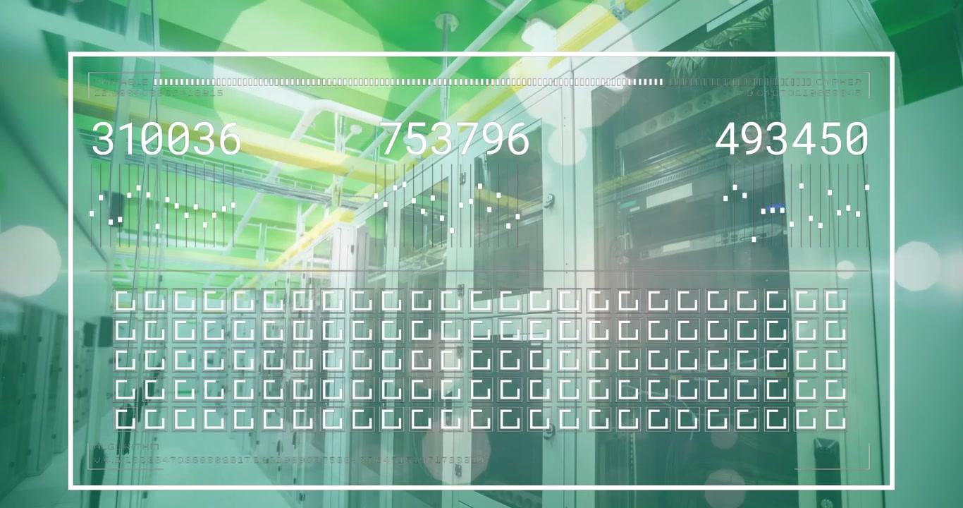 Animation of interface with data processing and spots of light floating against computer server room
