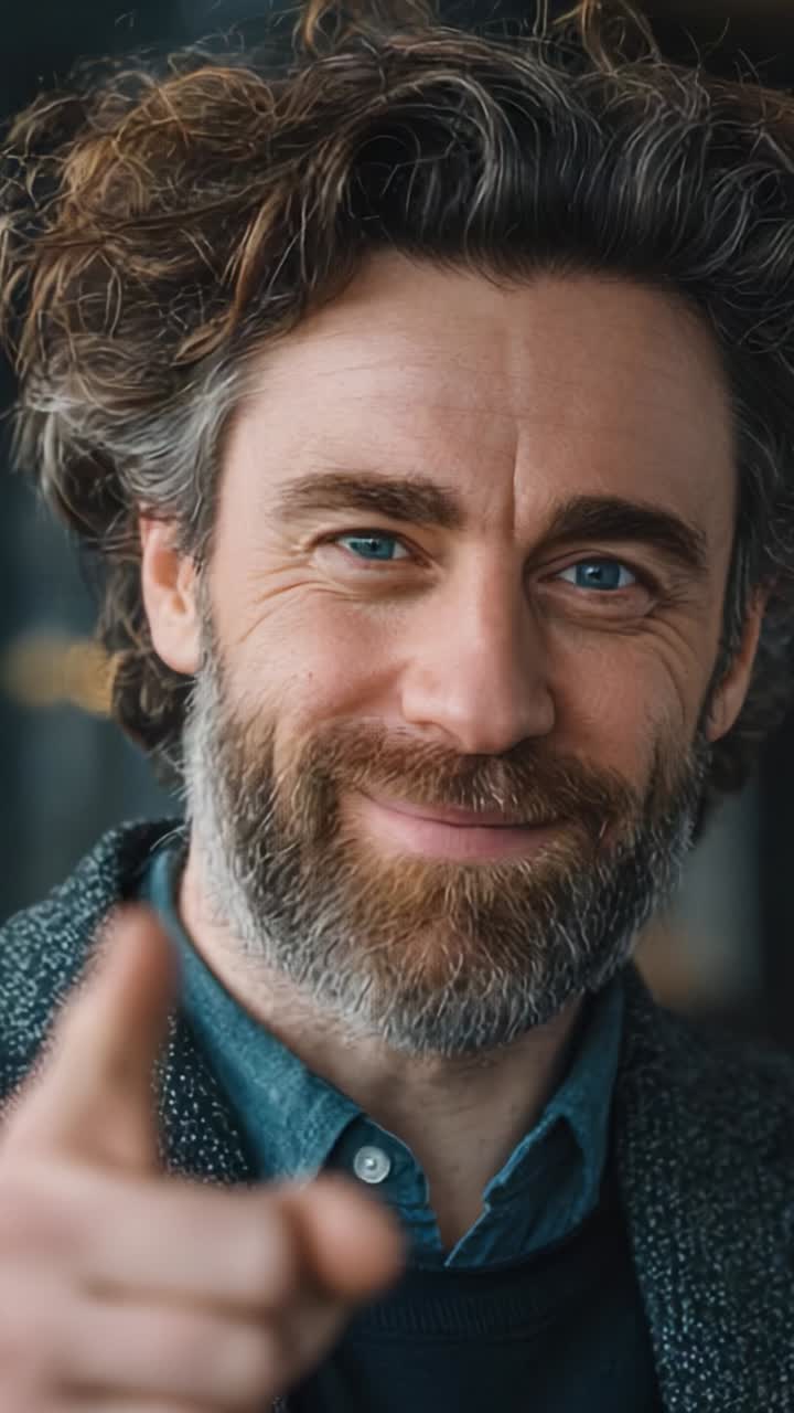 Un gesto cordiale e amichevole da parte di un uomo carismatico con capelli vivaci e barba, che irradia positività e approcciabilità in un primo piano