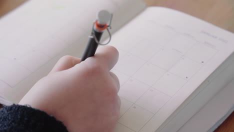 Mujer-Joven-Escribiendo-En-Su-Nota-De-Cuaderno-De-Calendario-Con-Un-Zoom-De-Lápiz-Negro-En-4k-De-Cerca