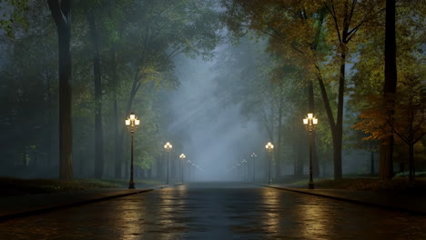 misty park pathway lined with illuminated streetlights at night