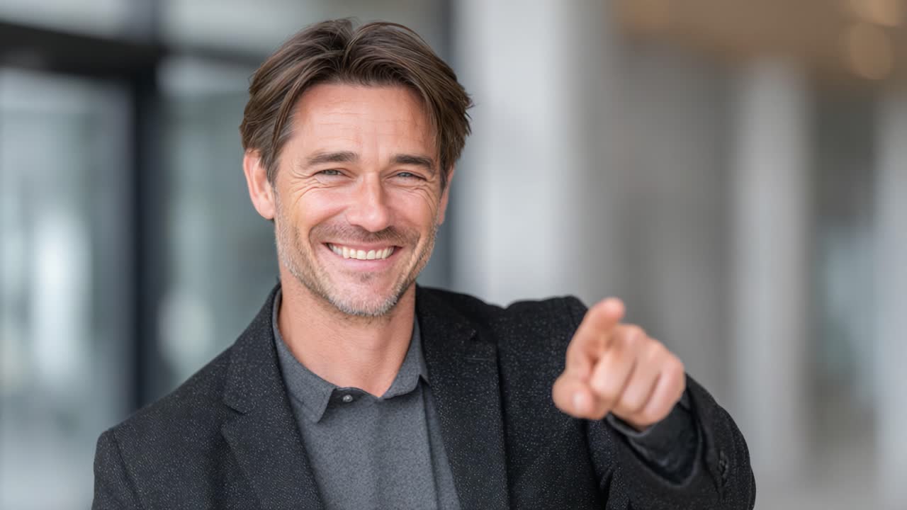 Confident man pointing and smiling, showcasing engaging demeanor in a modern setting, highlighting charisma and approachability in a professional atmosphere