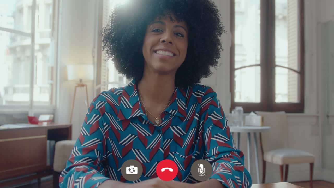 Video Call Interface of Young Black Woman Speaking in Office