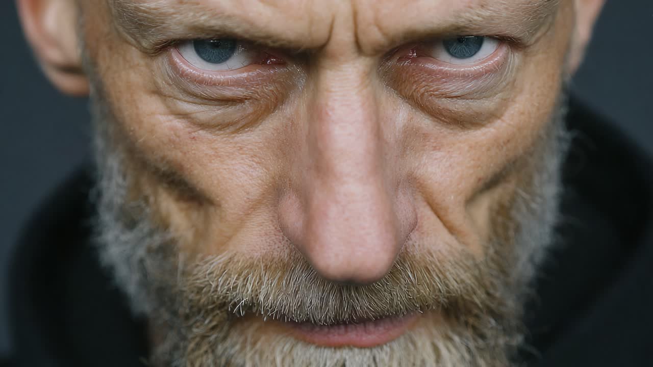 Intens nærbillede af en mand med gennemtrængende øjne og karakteristiske ansigtstræk, der fremhæver følelser og udtryk gennem detaljeret tekstur og dybde.