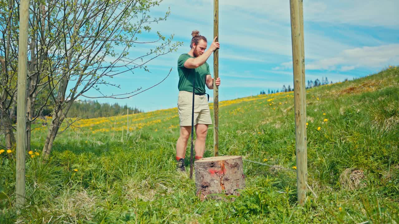 Man Putting Wooden Poles In Building His Skigard Or Traditional Norwegian Fence