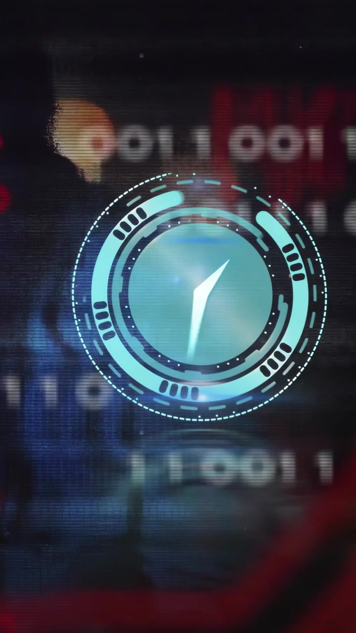Vertical video: Cyan hologram clock rising from light pulse rings rotating contracting showing time