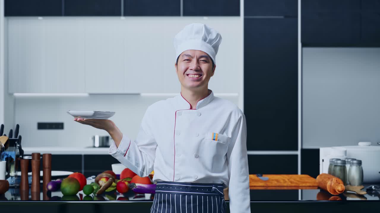 chef asiático sosteniendo un plato y sonriendo a la cámara mientras está de pie en la cocina de casa
