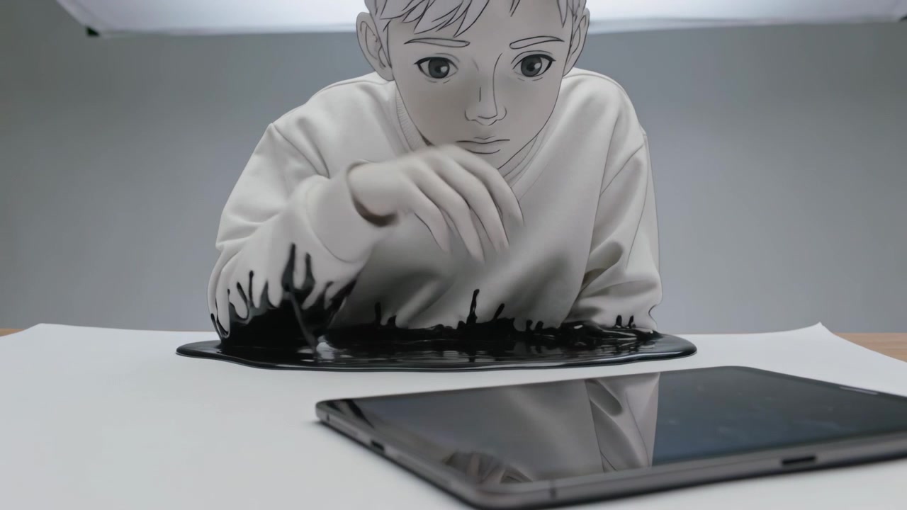 スタジオで、ティーンがタブレットのそばの暗い斑点に触れながらもたれかかり、黒い液体が袖を伝って上がり、目をこすっている。