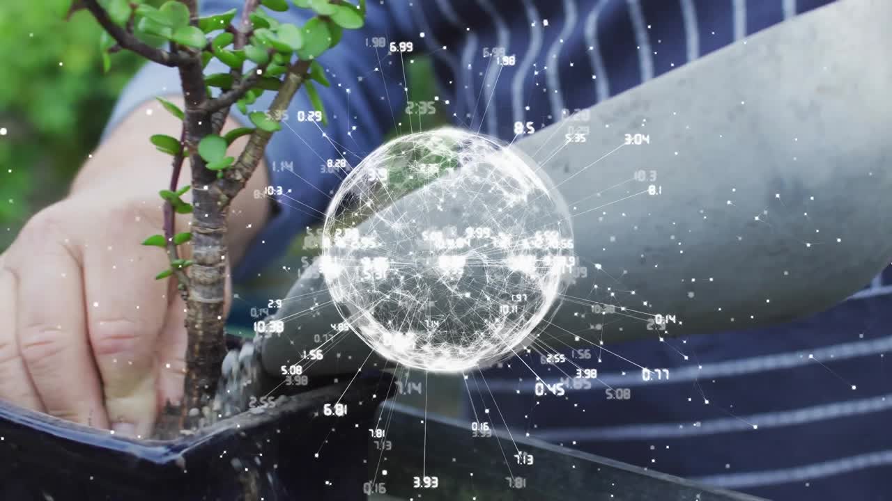 Giardiniere che preleva terriccio, rinvasa un bonsai fissando le radici, con una sovrapposizione di un globo digitale