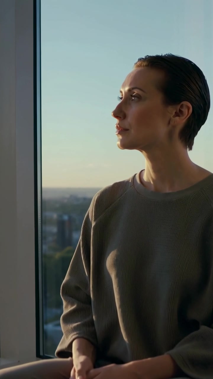 Video verticale: Donna seduta sul davanzale che ammira lo skyline durante il tramonto, indossando abbigliamento comodo.