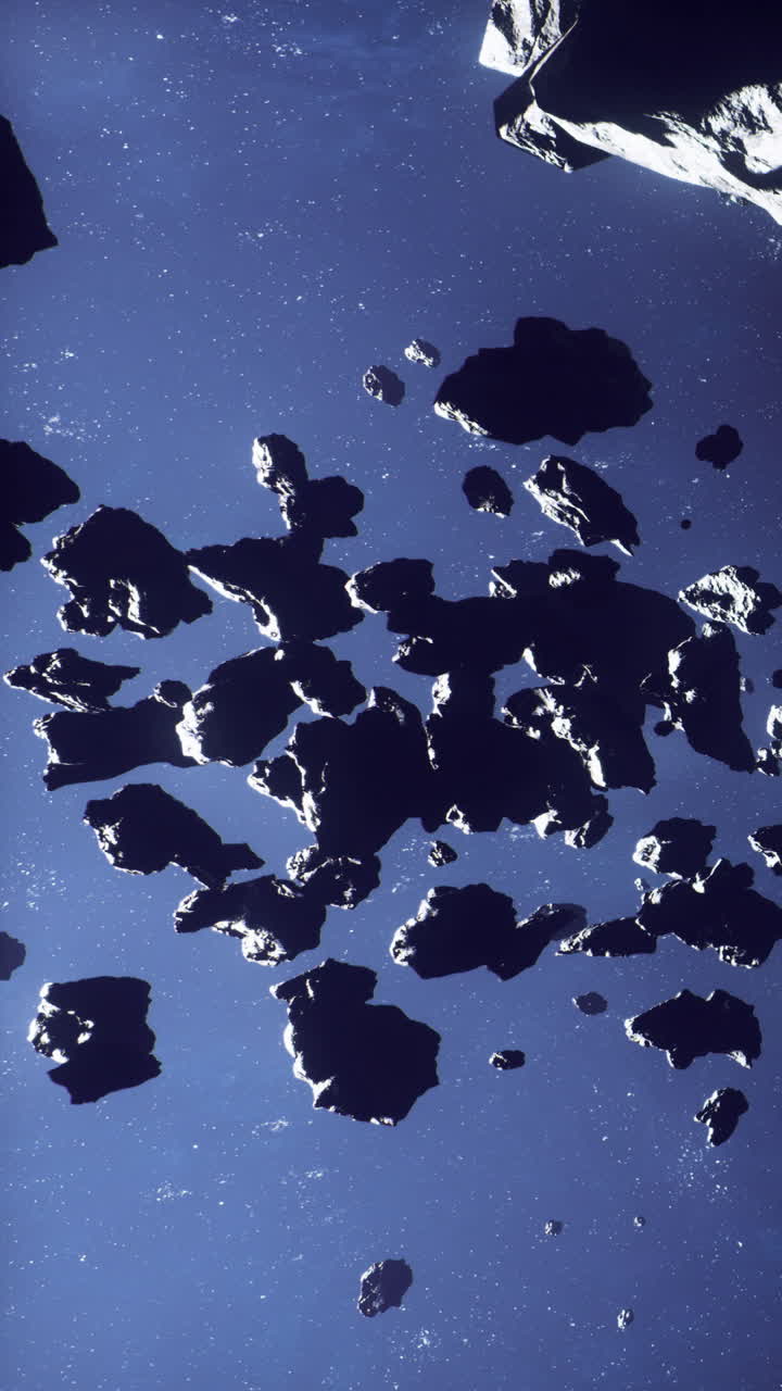 Campo di asteroidi che fluttua nello spazio con rocce scure e stelle luminose nelle vicinanze.