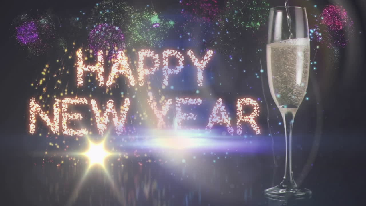 Happy New Year text animation with fireworks and champagne glass