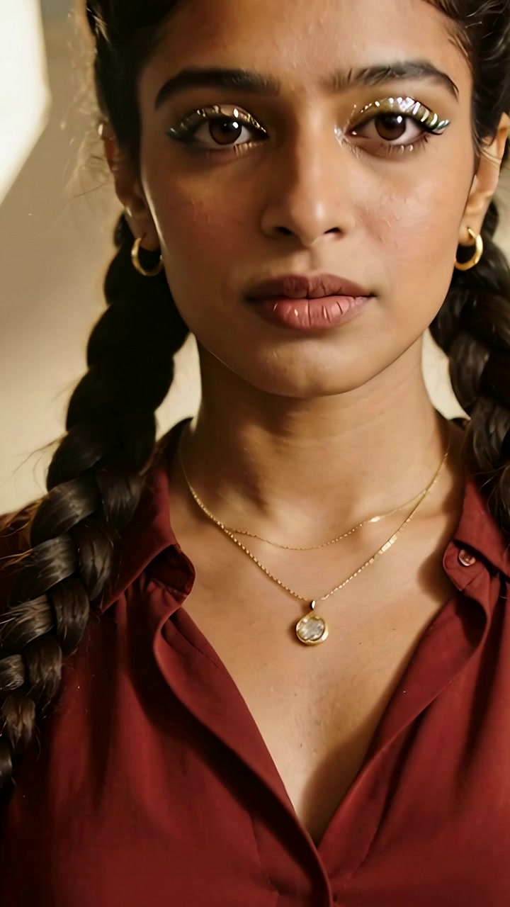 Video verticale: Inquadratura ravvicinata della telecamera su modella con top bordeaux che fissa lo sguardo, studio che espone un ciondolo