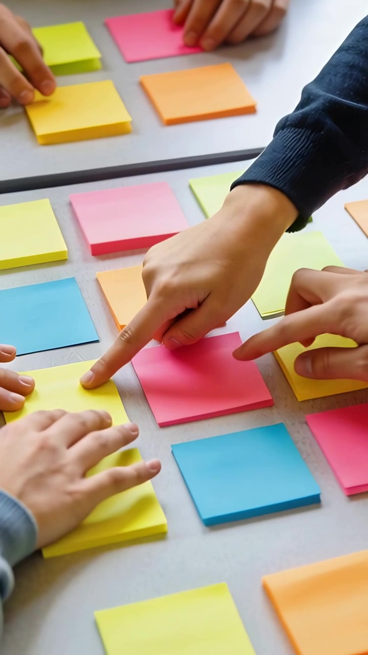 Video verticale: Mani che disegnano e indicano blocchi note in una riunione, con maniche scure e un orologio.