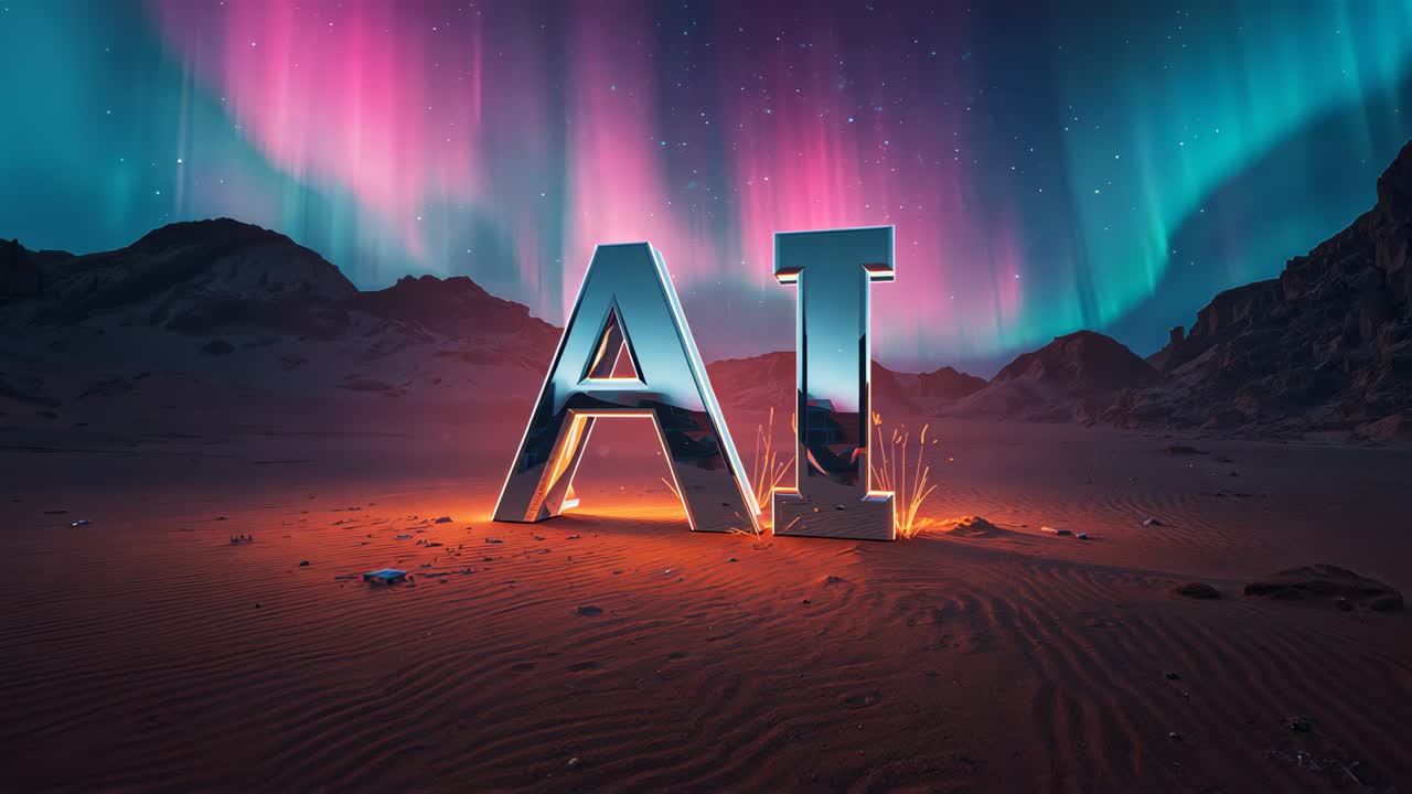 Pushing camera inward to highlight AI letters reflecting aurora and sending sparks on rippled sand
