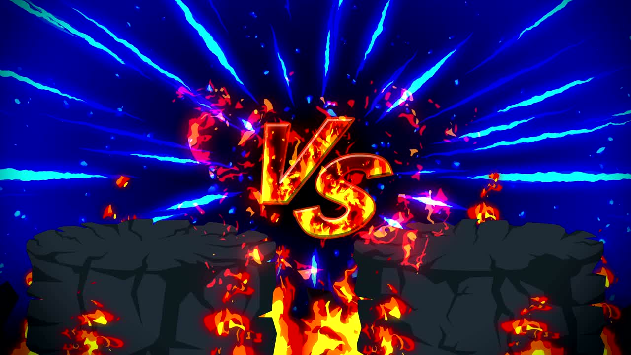 만화 화재 애니메이션. 불꽃 루프 배경. 경쟁. 전투 게임. 아이콘에 대항. 아이콘과 대결.