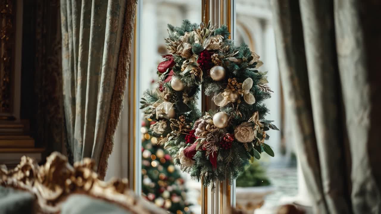 A Beautifully Decorated Christmas Wreath with Pinecones, Ornaments, and Flowers, Hanging Elegantly in a Luxurious Setting, Surrounded by Festive Holiday Decorations