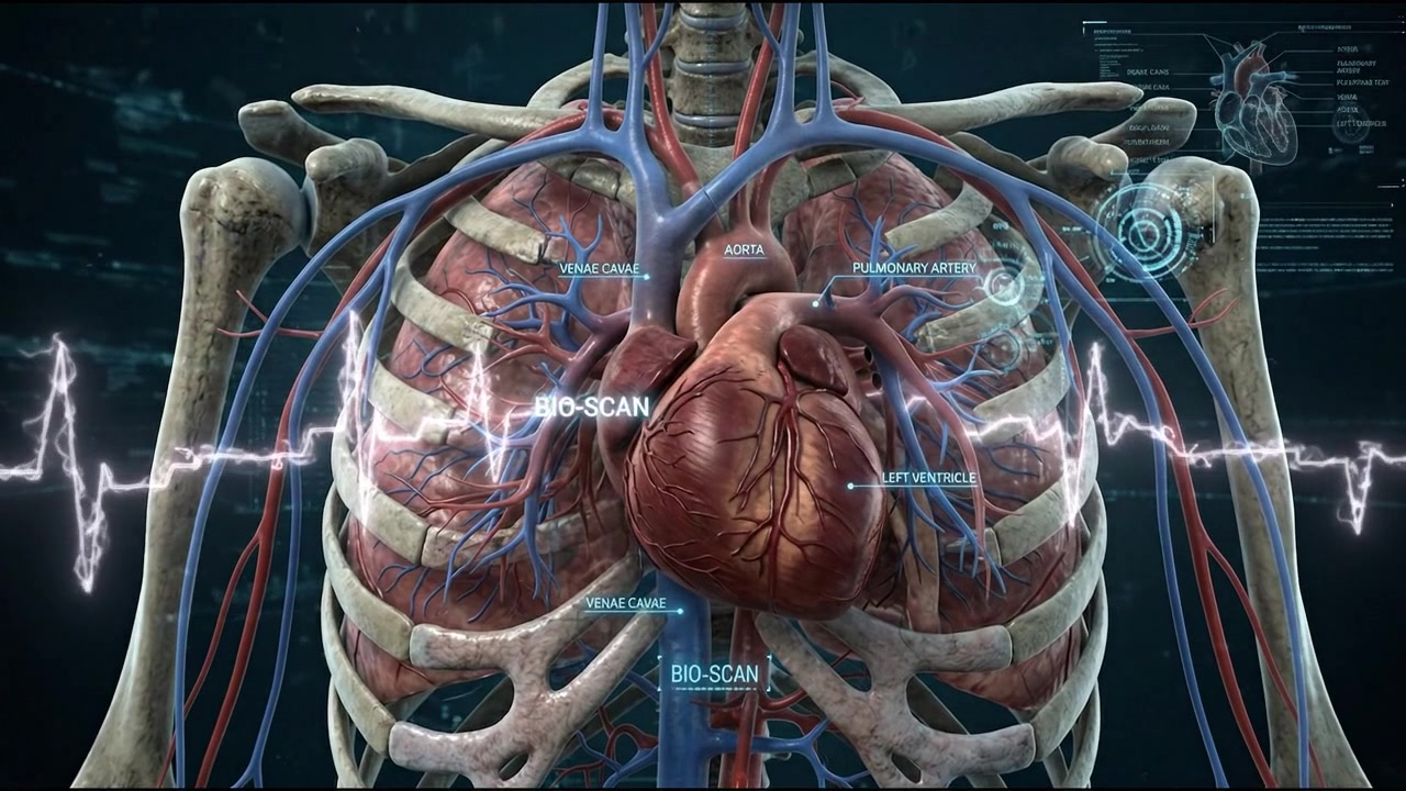 Human heart positioned inside rib cage with detailed chest anatomy visualization