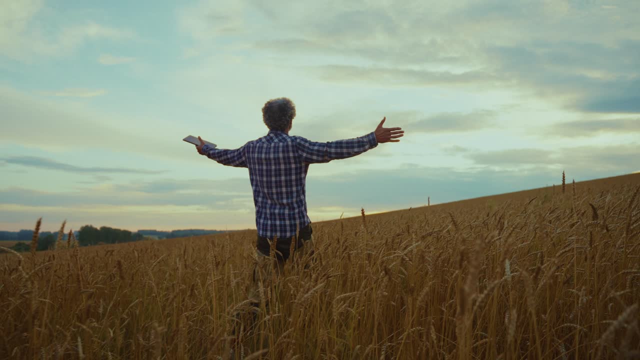 un granjero en un campo de trigo al atardecer