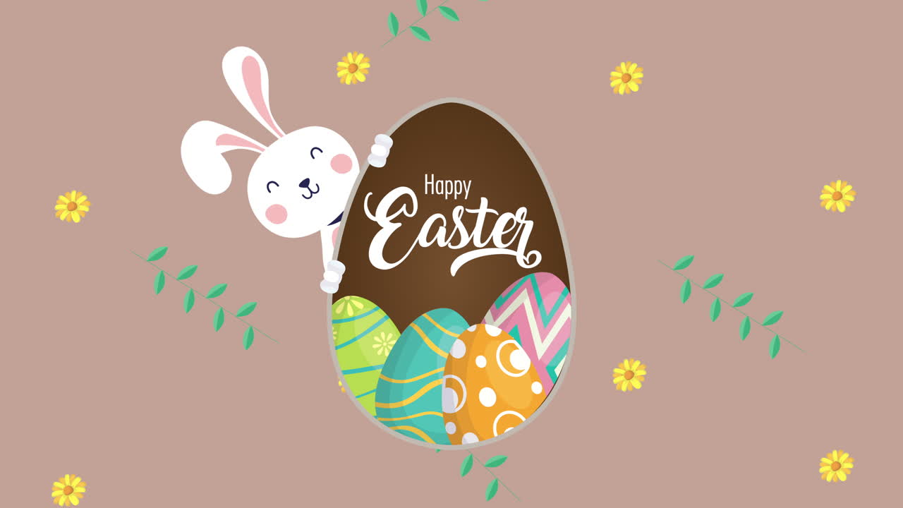 happy easter animated card with rabbit and eggs painted