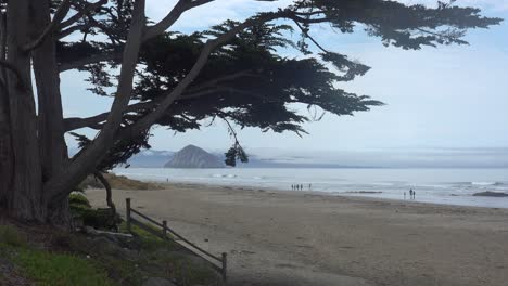 La-Gente-Camina-En-Una-Playa-Cerca-De-Morro-Bay,-California-Con-Morro-Rock-En-La-Distancia