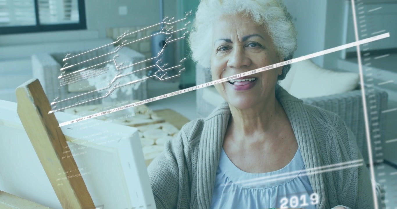 Senior painter mixing colors and painting canvas as technology timeline tracking evolution