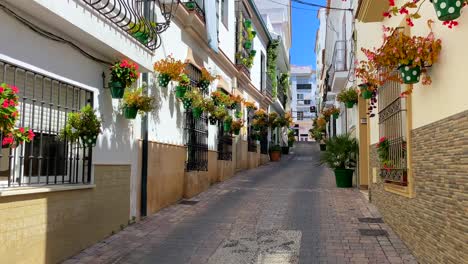 typical spanish street in old city estepona with colorful flower pots and beautiful balconies