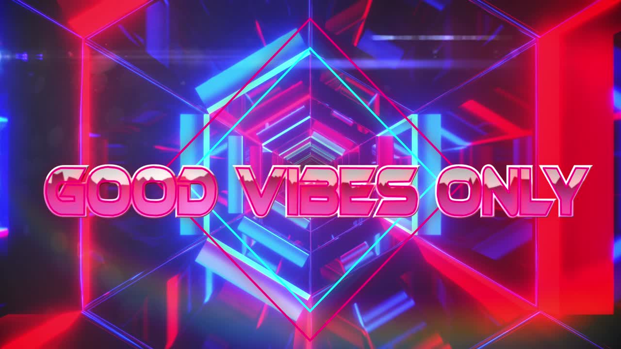 Animation af teksten kun gode vibes over en bevægelig digital tunnel