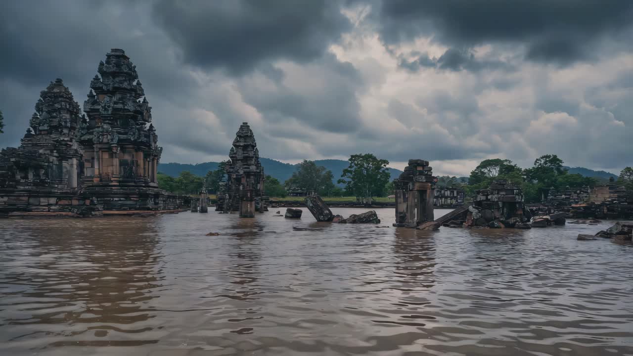 Ancient Temple Ruins Submerged in Water