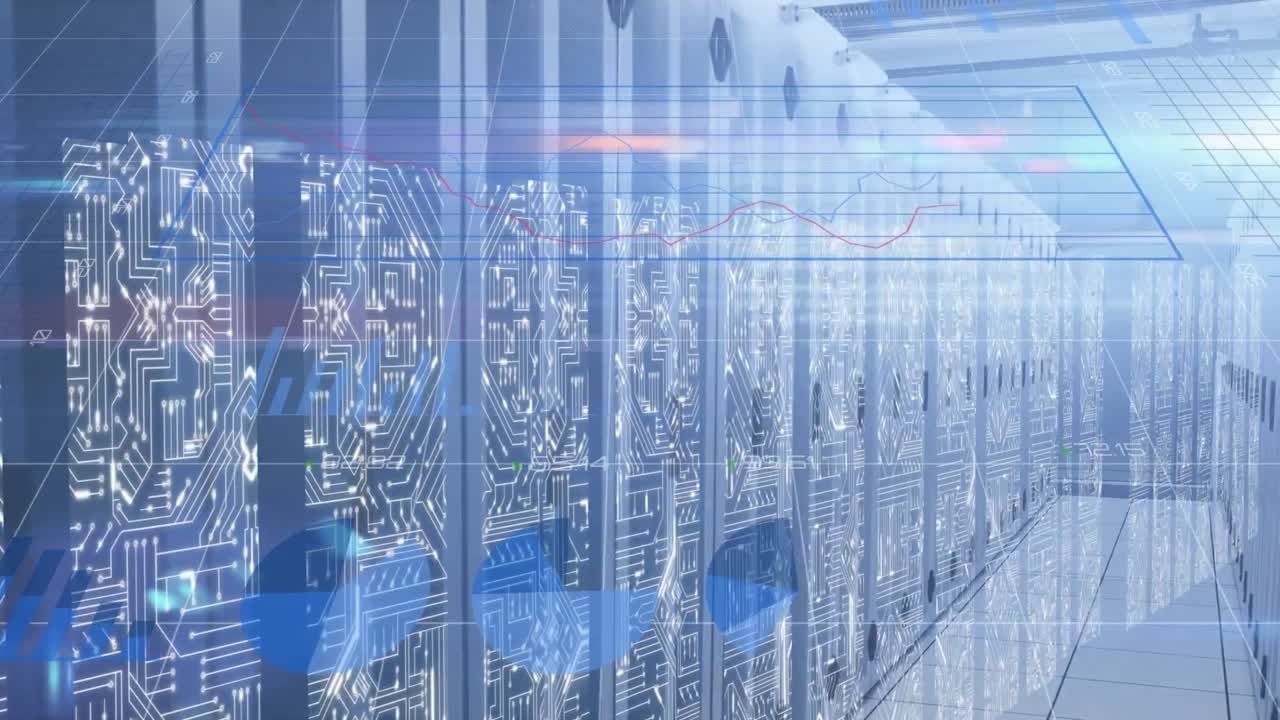 Animation of integrated circuits, diverse financial data and graphs over servers