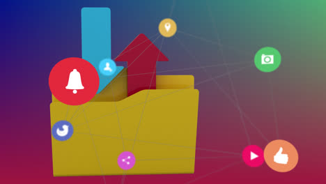 network of digital icons against upload and download icon on green and red gradient background