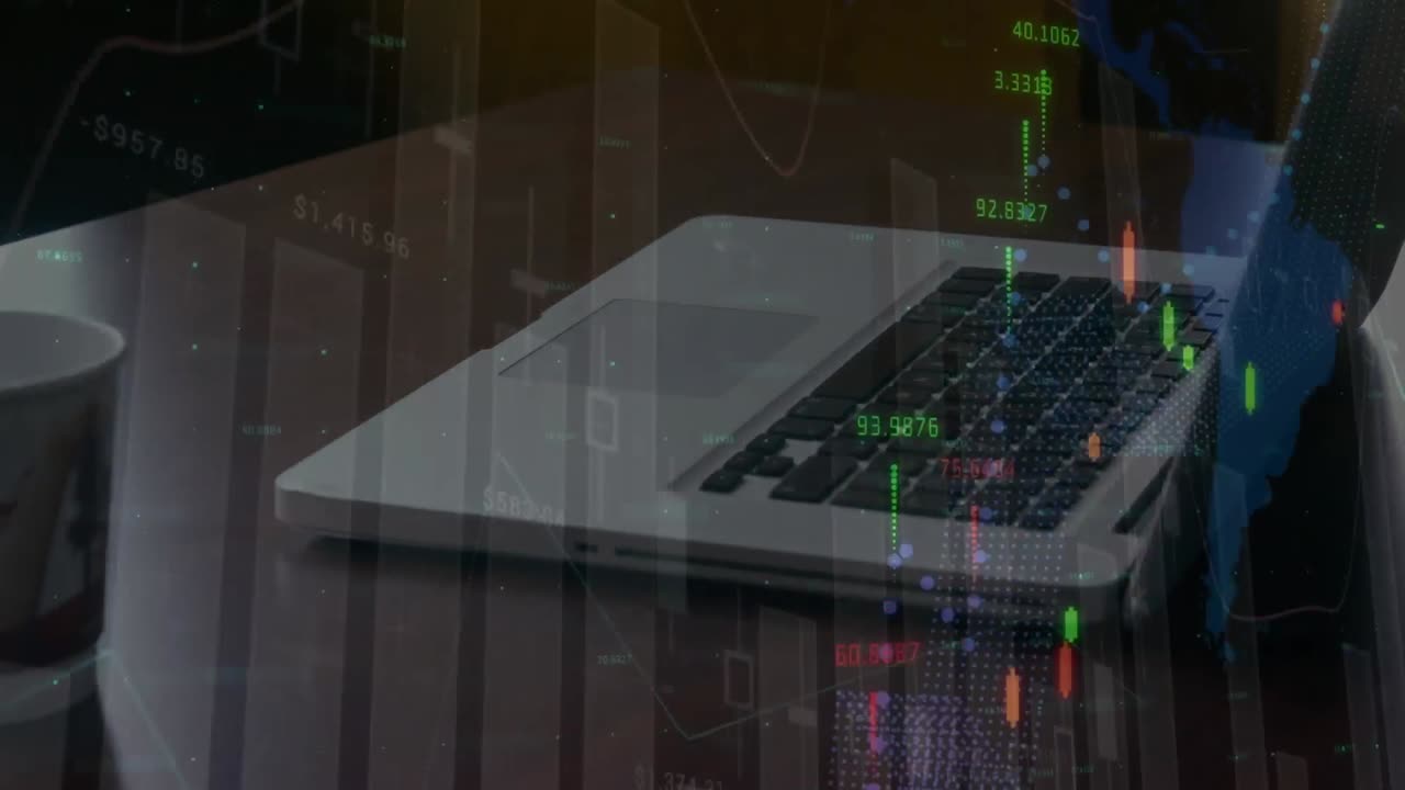 animazione dell'elaborazione delle statistiche su un uomo d'affari che utilizza un portatile