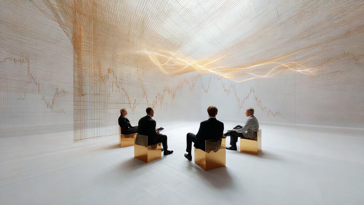 Four professionals engage in a deep discussion within a stunning virtual environment, where dynamic data visuals and graphs illuminate their analytical perspectives and insights