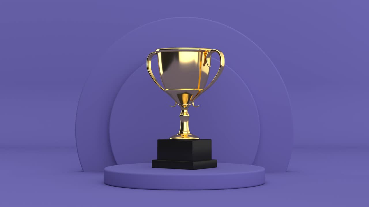 video de resolución 4k: copa del trofeo del premio de oro girando sobre productos de cilindros muy peri violeta pedestal de escenario en una animación de bucle de fondo violeta muy peri