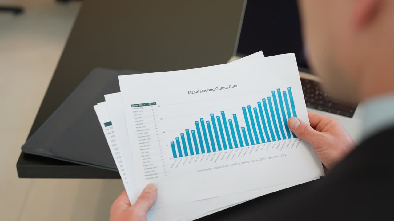 A business professional examines a detailed manufacturing output data visualization showing increasing trends through blue bar charts while sitting at a modern office desk