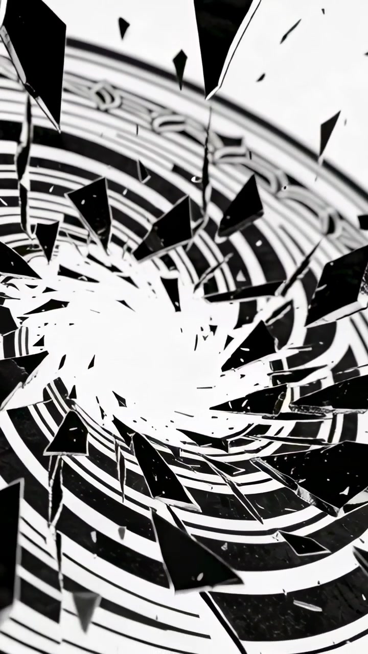 Video verticale: Disco circolare che si rompe su un tappetino bianco, espellendo schegge, il bordo e polvere dopo l'espansione del nucleo.