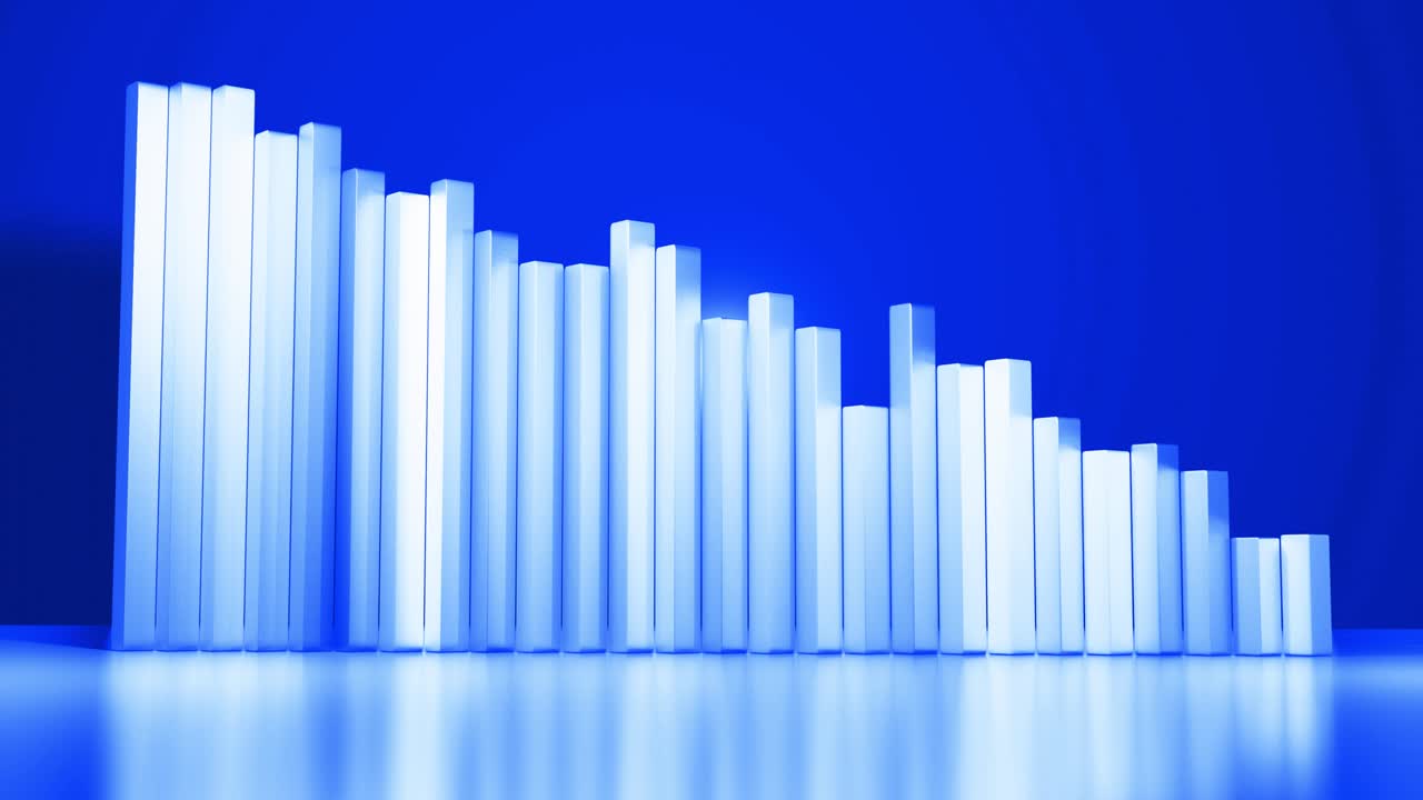 Abstract infographics. Crisis, stagnation and recession concept. Downgrade graph from columns. Economic loop background with copy-space in 4k. Beautiful 3d bars as chart of statistic data in blue.