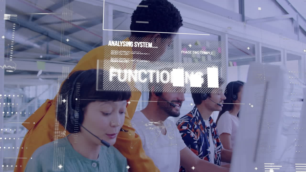 Animation of data processing over diverse business people in office