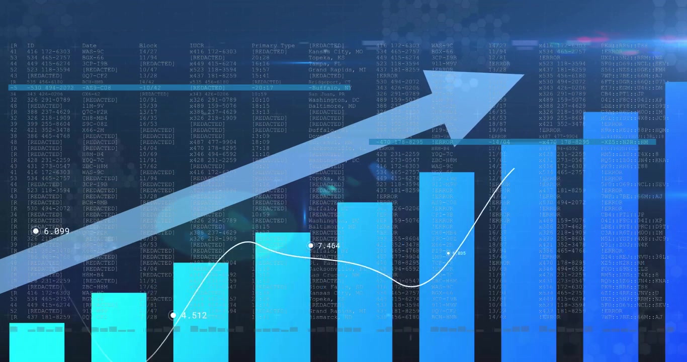 Data visualization animating on dashboard, showing rising bars flowing line graph hex grid overlay