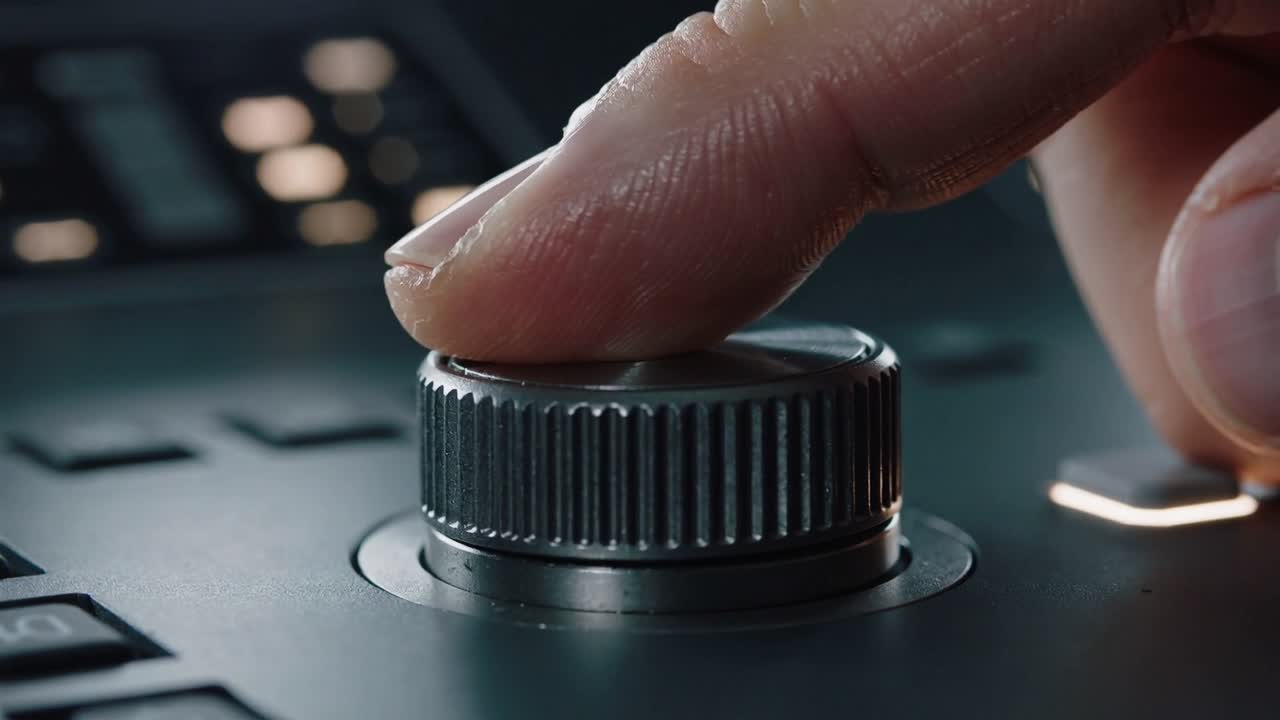 Approaching right index finger settling, pressing and twisting knob on console, adjusting audio