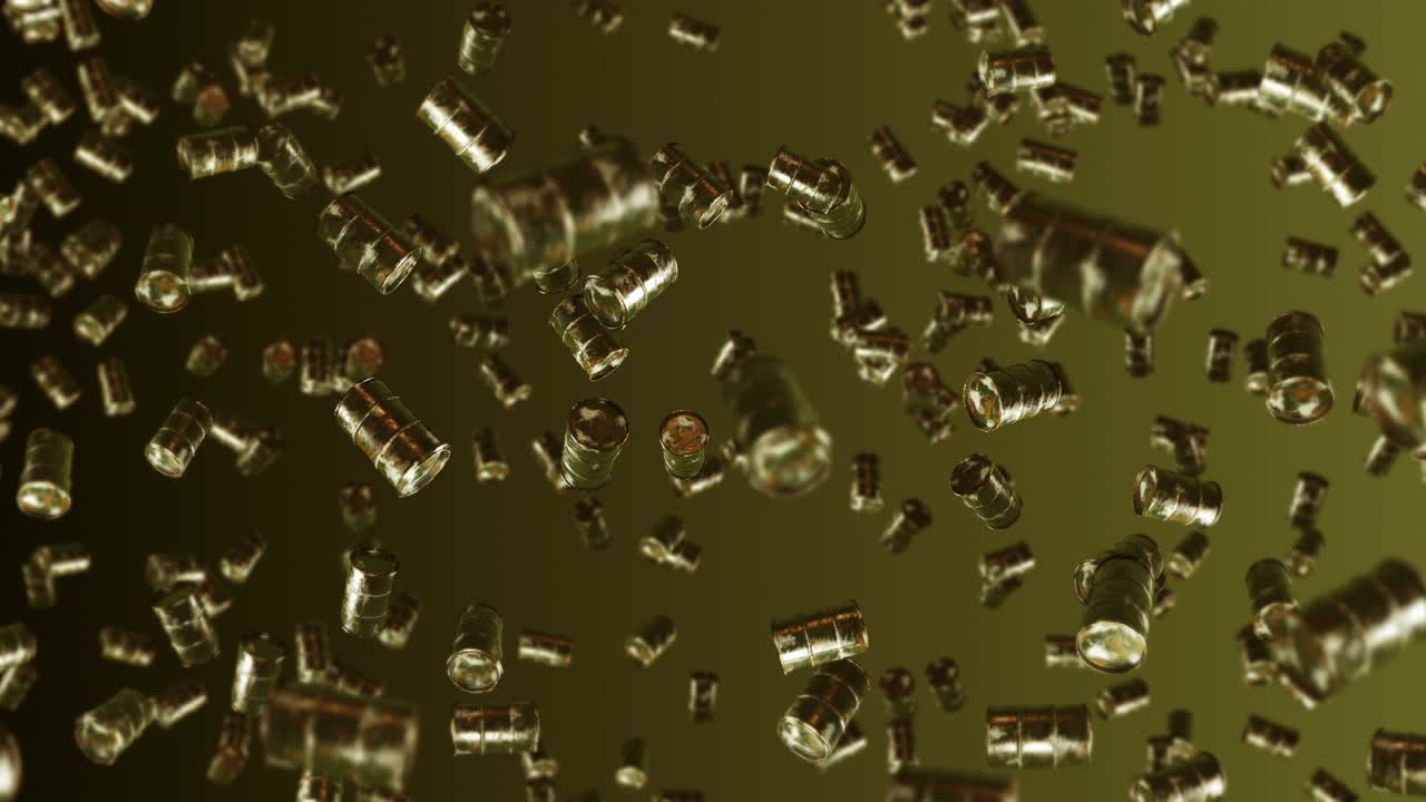 volando muchos tambores de combustible viejos en fondo marrón. industria química, barriles de metal. animación 3d del tanque de petróleo girando. animación de bucle.