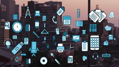 animation of multiple business concept digital icons against aerial view of cityscape