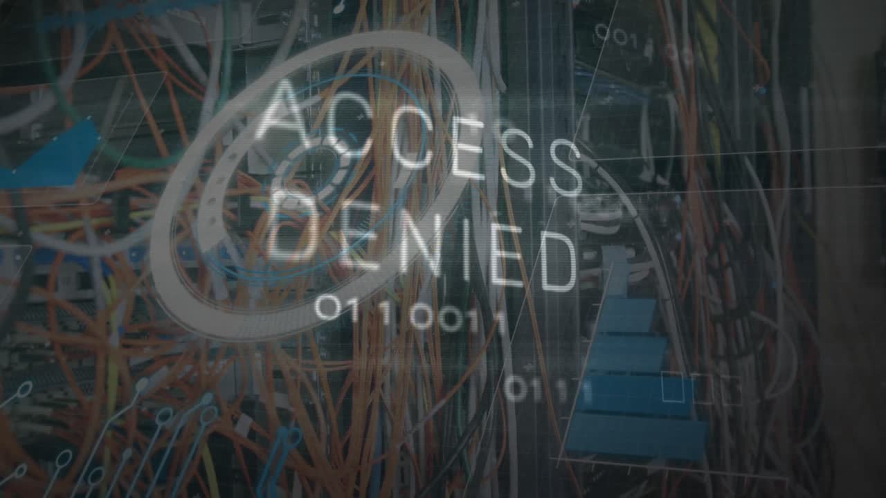 Animation of access denied text and data processing over wires in server room