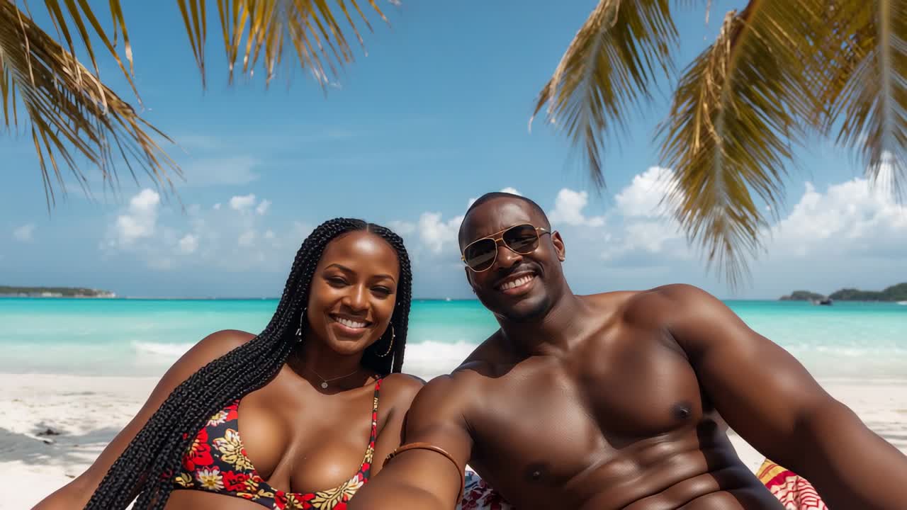 Holding camera man capturing selfie with couple in swimwear on patterned beach towel at sunny beach