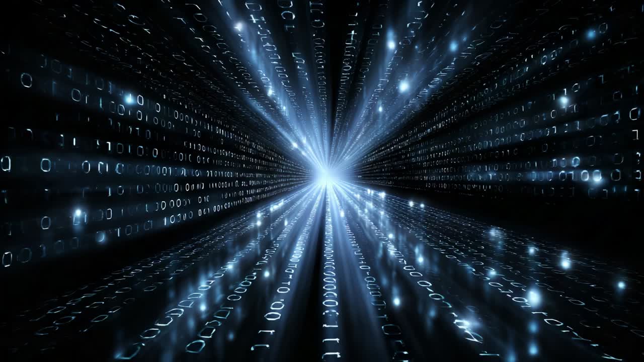 A Futuristic Journey Through a Digital Tunnel of Light, Where Lines of Binary Code Stream Towards a Dazzling Center, Representing the Convergence of Technology and Imagination in a Virtual Realm